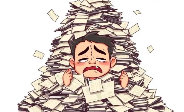 A character looking stressed with piles of bills around them.