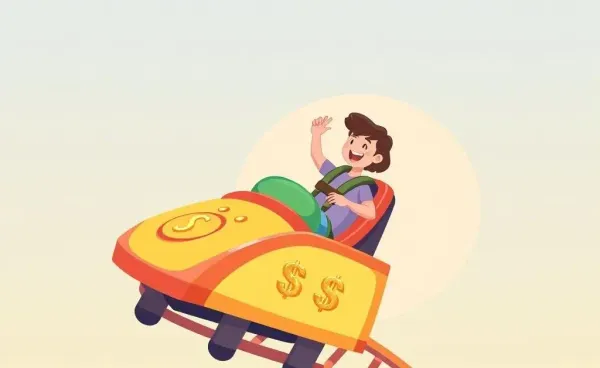 A cartoon of a rollercoaster with money symbols, depicting the ups and downs of financial tracking.