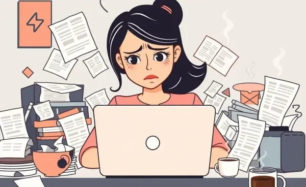 A woman overwhelmed by bills and coffee while using her computer