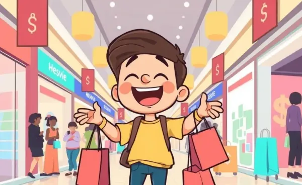 A cartoon character smiling broadly while shopping at a bustling mall.
