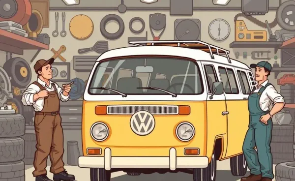 A cartoon of a vintage VW van surrounded by animated mechanics in a garage.
