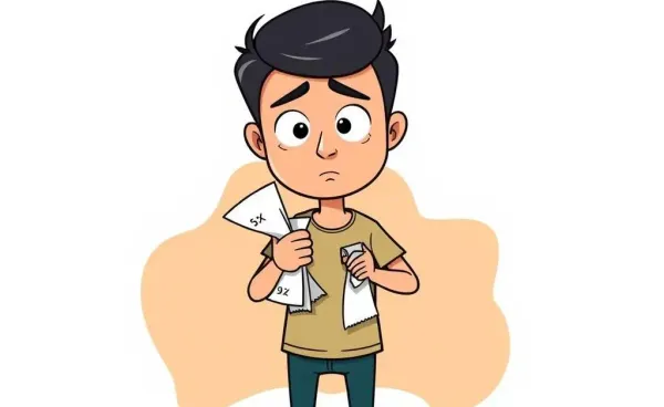 A confused character holding a mountain of receipts, surrounded by thought bubbles of various expenses