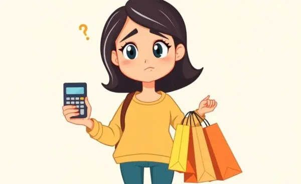 A cartoon woman hilariously trying to balance a calculator and shopping bags