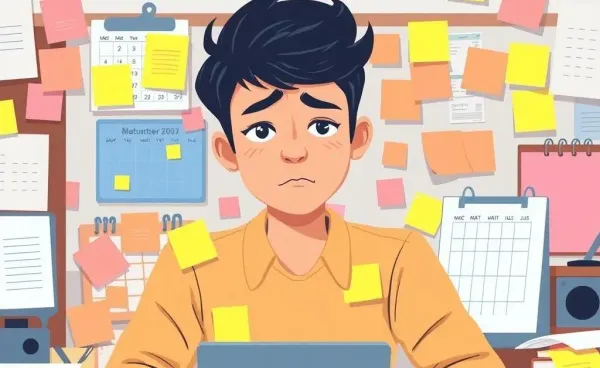 A young man staring at a wall full of sticky notes and calendars, looking overwhelmed yet resolved.