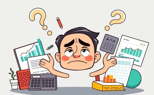 A character surrounded by various budgeting tools, looking puzzled and overwhelmed