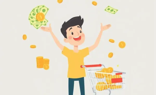 A cartoon person juggling financial responsibilities like bills and shopping