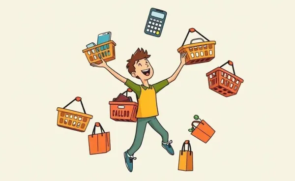 A cartoon person juggling shopping and a calculator