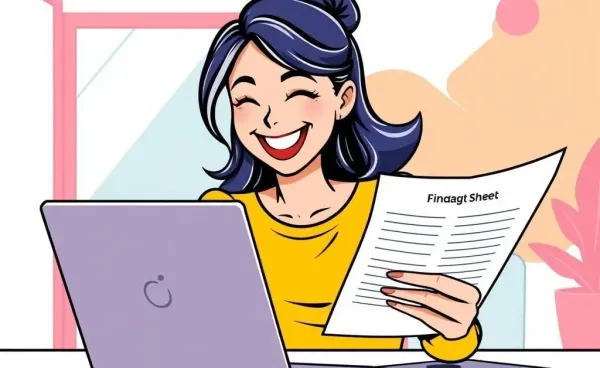 A comic-style woman inspecting her budget plan, indicating financial enlightenment