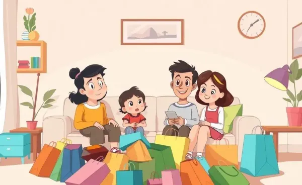 A family looking bewildered in their living room, surrounded by shopping bags.