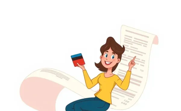 A woman holding a credit card with an exaggeratedly long receipt