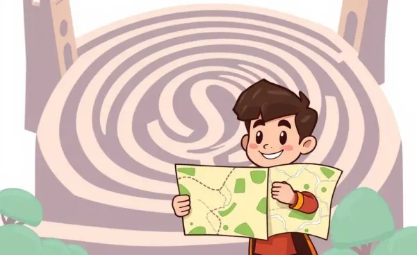 A cartoon hero holding a budget map, staring at a labyrinth