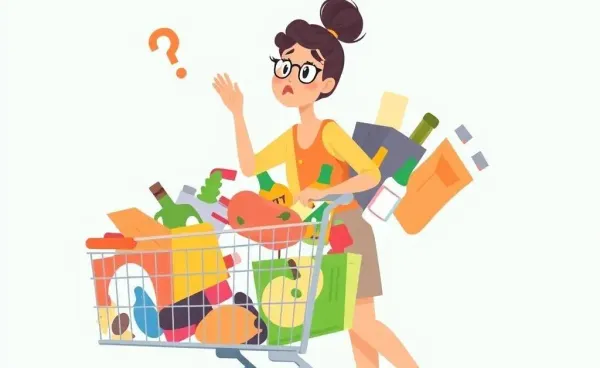 Mia looking puzzled at her overstuffed shopping cart