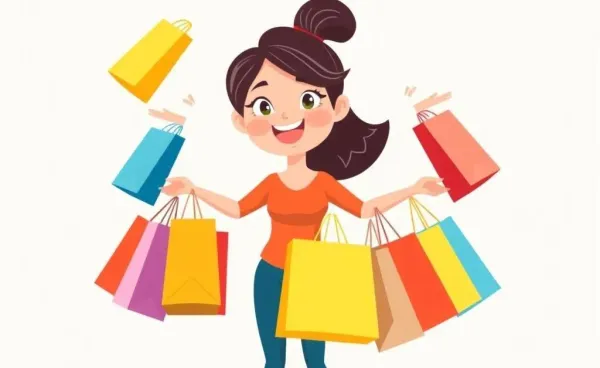 A woman juggling shopping bags in a cartoon style, looking overwhelmed yet amused.