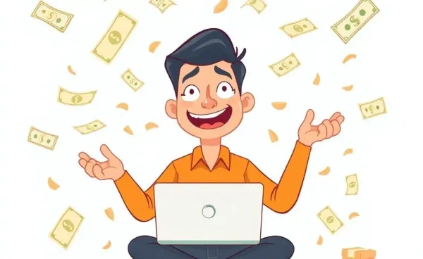 Cartoon of a freelancer juggling bills and a laptop, symbolizing freelancing finances
