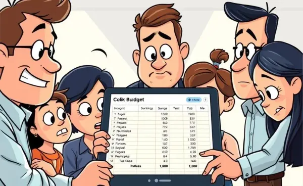 Cartoon characters puzzled over a budget spreadsheet