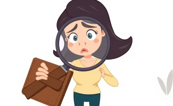A comical scene of Mia examining her wallet with a giant magnifying glass