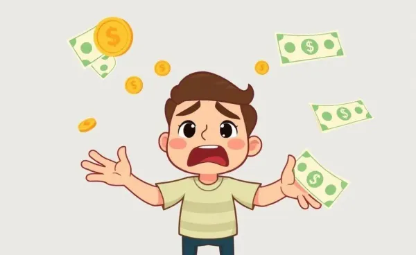 A person juggling coins and bills, pondering over a budget plan in a cartoonish manner.
