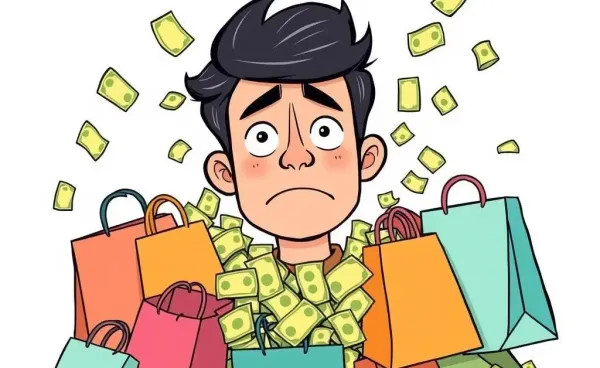 A comic-style person juggling money and shopping bags