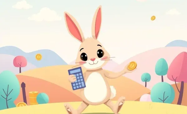 A cartoon bunny with a calculator surrounded by coins