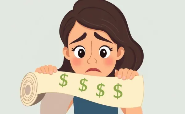 A cartoon of a woman looking at a paper roll with dollar signs