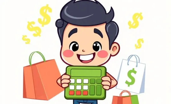 A happy character holding a calculator with dollar signs in the background