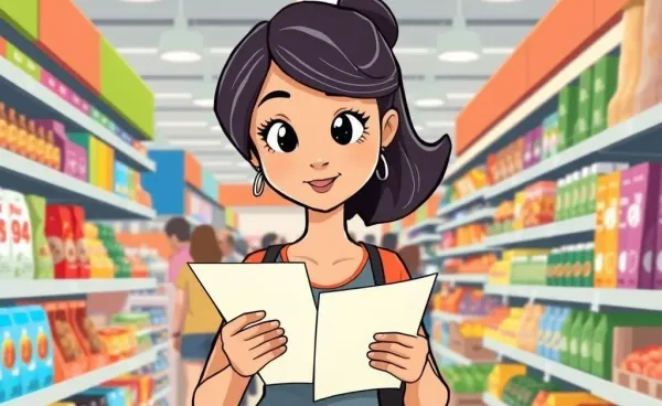 A determined woman with a grocery list at a supermarket