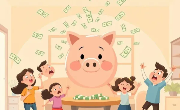 A cartoon family juggling bills and a giant piggy bank with a funny expression.