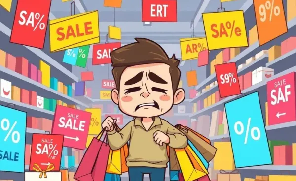 Cartoon of a person surrounded by shopping choices and sale signs