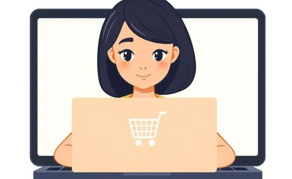 A cartoon woman baffled by a growing shopping cart on her laptop screen.