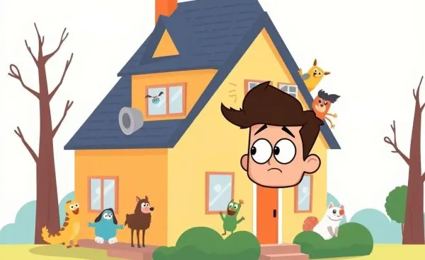 A cartoon image of a bewildered man looking at a house filled with unexpected visitors