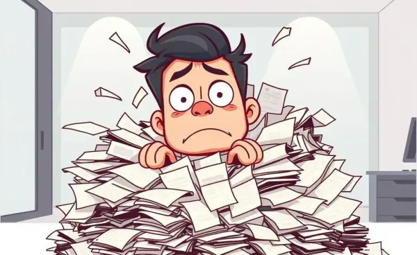 A cartoon person tangled in budget papers, looking confused and stressed