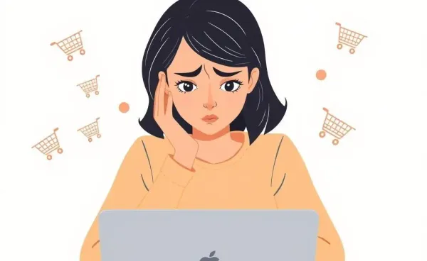 Mia surrounded by digital shopping carts, contemplating her budget.