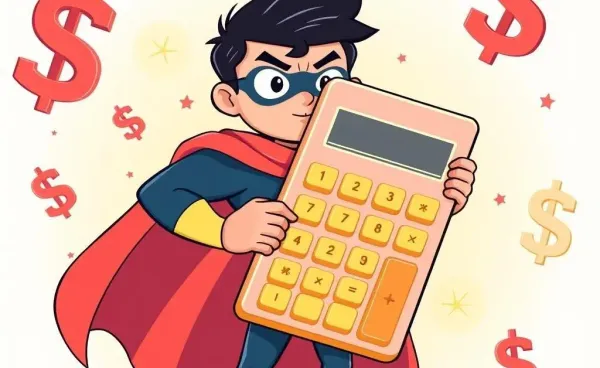 A person with a giant calculator embarking on a budgeting adventure.