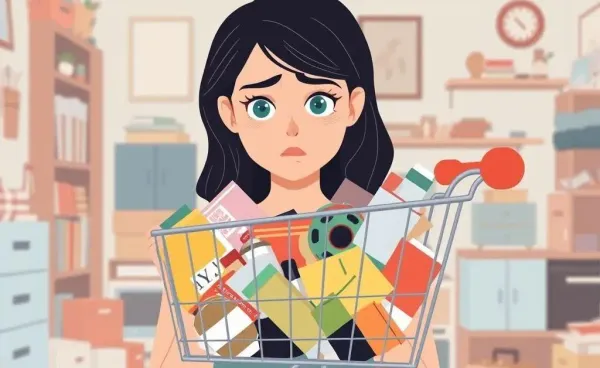 A woman overwhelmed by her filled online shopping cart.