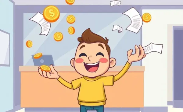 Cartoon character juggling coins and receipts with a humorous expression