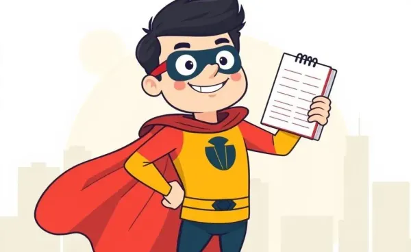 A cartoon superhero holding a budget planner