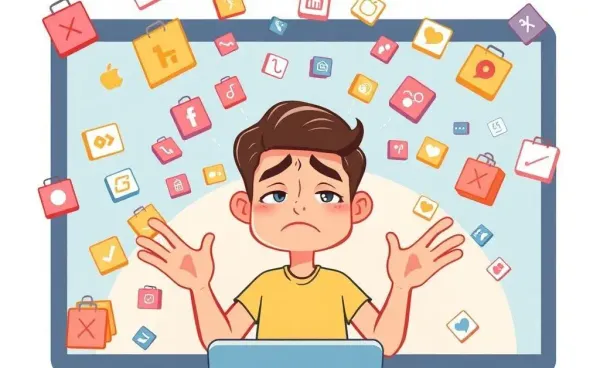 A humorous scene of a person surrounded by countless online shopping tabs.