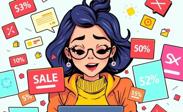 Mia surrounded by digital shopping notifications, overwhelmed but determined.