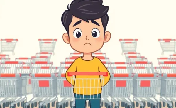 A person looks unsure amidst overflowing shopping carts