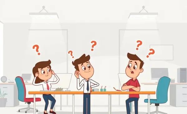 Cartoon office scene with characters looking confused and amused