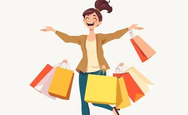 A woman juggling shopping bags with a mischievous smile