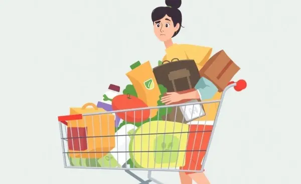 Mia with an overflowing shopping cart in a store, contemplating her choices