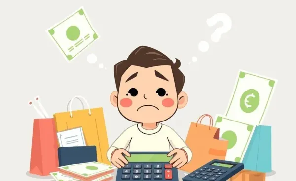 A confused person surrounded by bills and shopping items, looking hopeful.