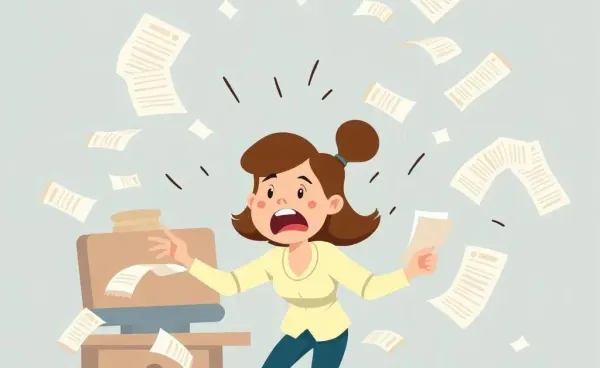 A woman frantically trying to balance her chaotic budget amidst flying receipts.