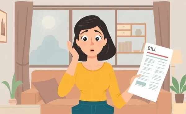 A woman bewildered by an unexpectedly large bill in her living room