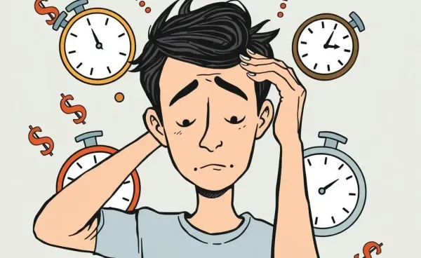 A confused person surrounded by dollar signs and clocks