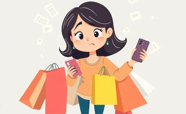 A cartoon woman overwhelmed by shopping bags and receipts