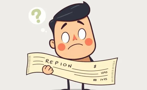 Character puzzled over a long receipt, representing budgeting woes