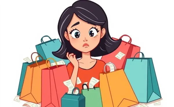 A cartoon woman surrounded by shopping bags and receipts with a puzzled look