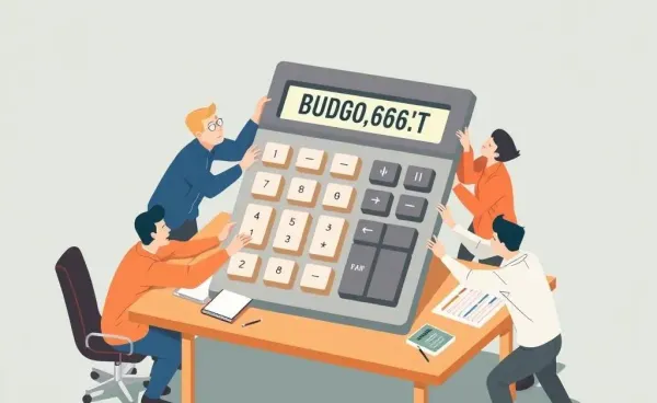 Cartoon of people interacting humorously with a large budget calculator